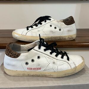 Golden Goose Archive Leather Sneakers with Leopard Detail and Black Laces